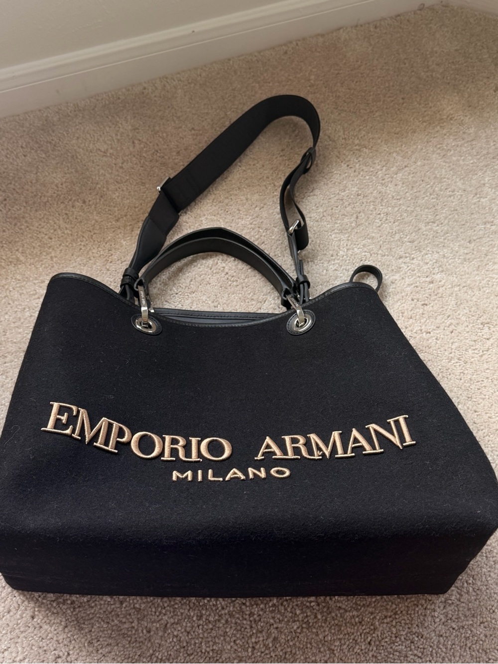 Emporio Armani Black Tote with Gold Logo Embellishment